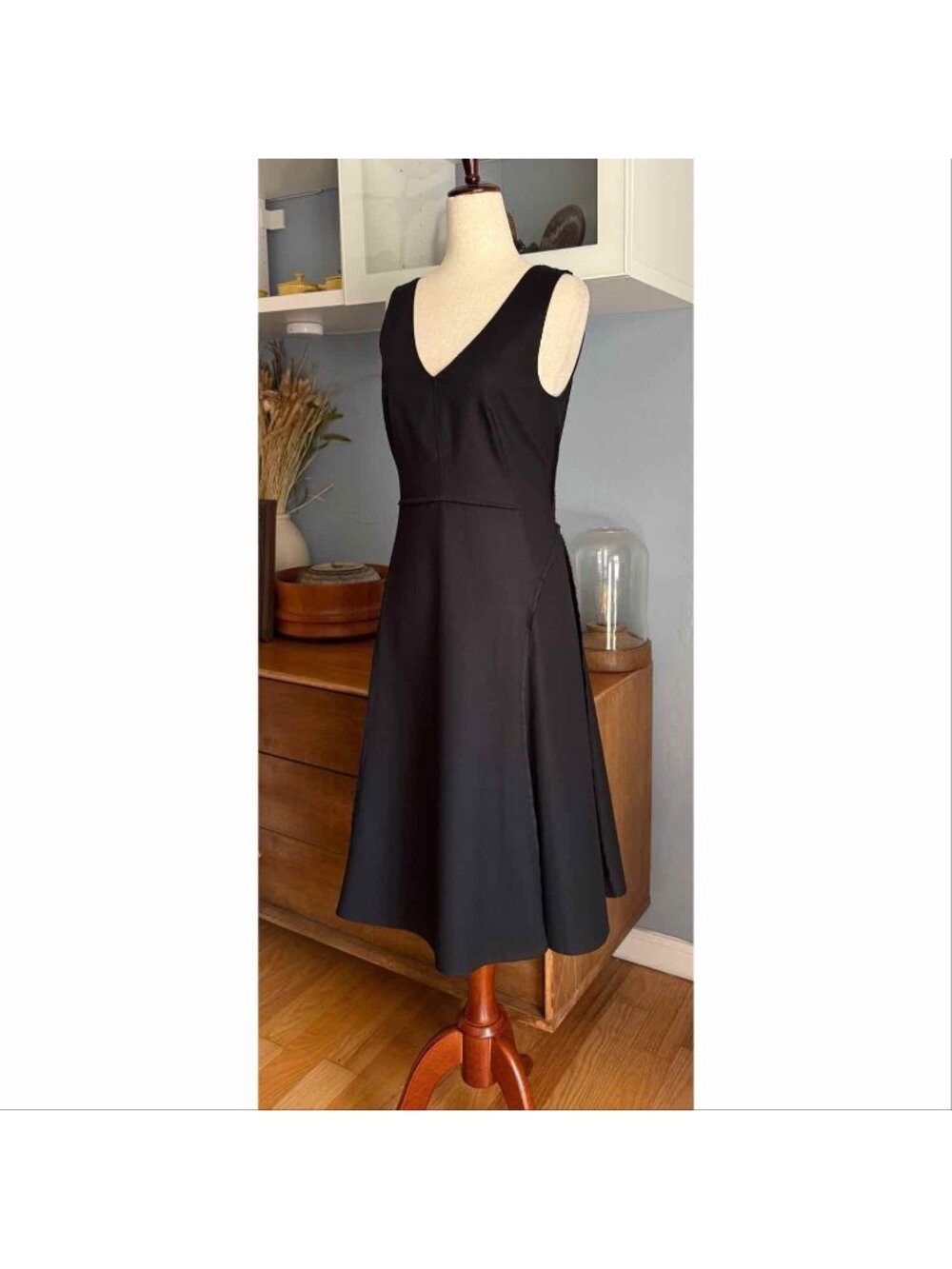Dorothee Schumacher Black V-Neck A-Line Dress Fit & Flare Sz 2 Cotton Stretch